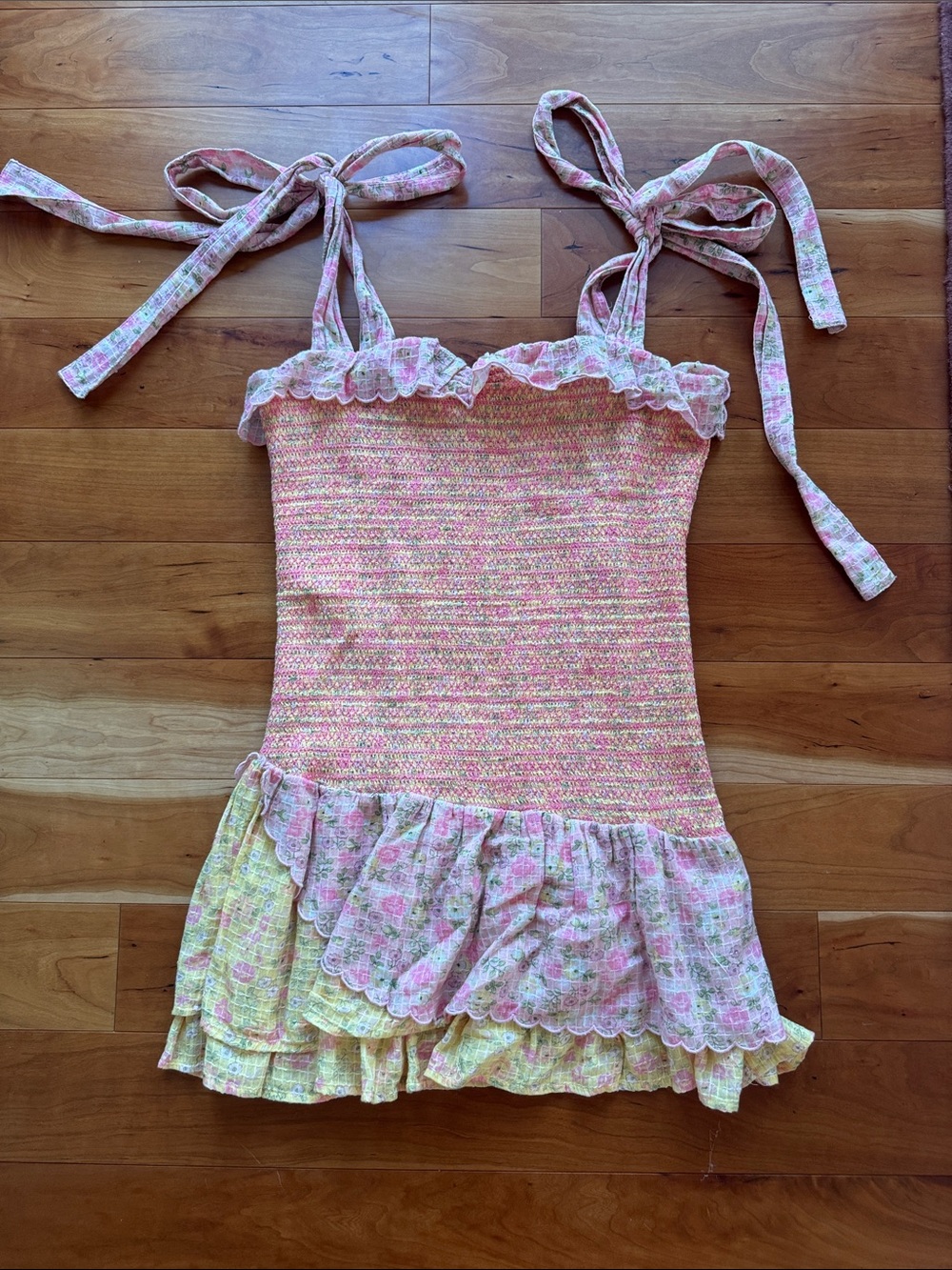 LoveShackFancy Floral Ruffle Tie-Shoulder Dress Sz L